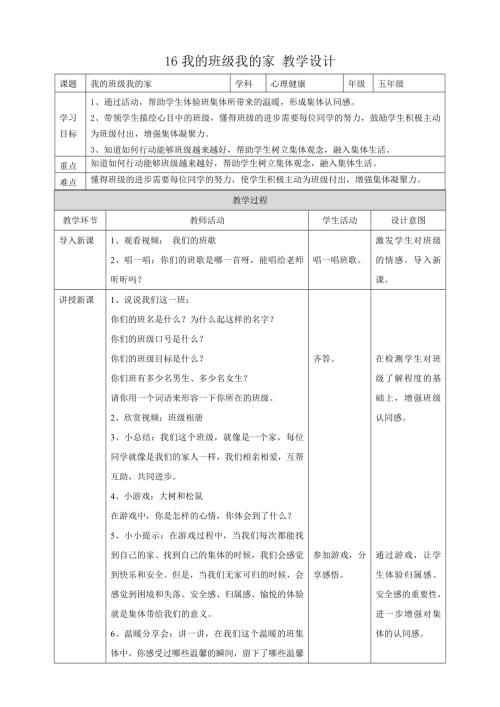 教科版五年級下冊心理健康16《我的班級我的家》 教學設計.doc