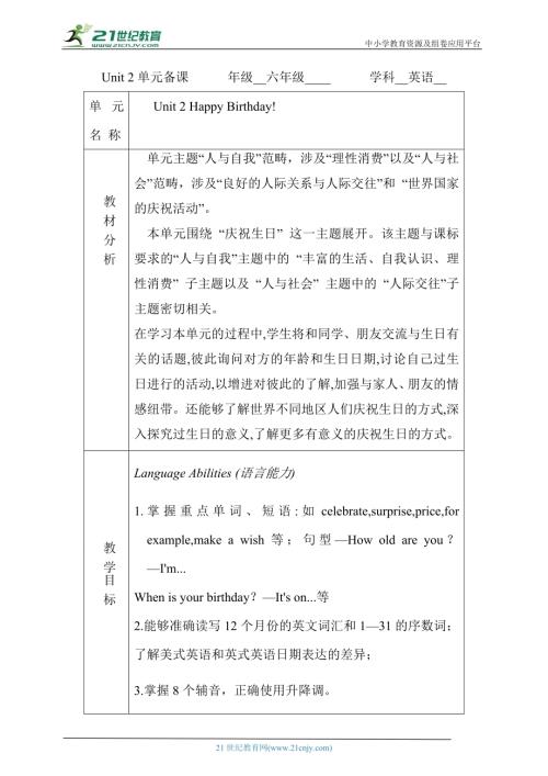 魯教版（五四制）六年級下學期英語Unit2HappyBirthday!單元整體教學分析+課時教案（3課時）.docx