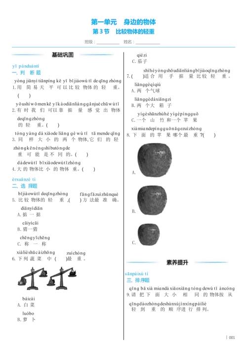教科版（2024）科學(xué)一年級下冊1 .3 比較物體的輕重 同步練習(xí)（含答案）.docx