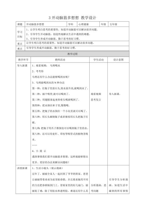 教科版五年級下冊心理健康3開動腦筋多想想教學設計.doc