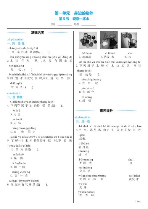 教科版（2024）科學一年級下冊1 .5 觀察一杯水 同步練習（含答案）.docx