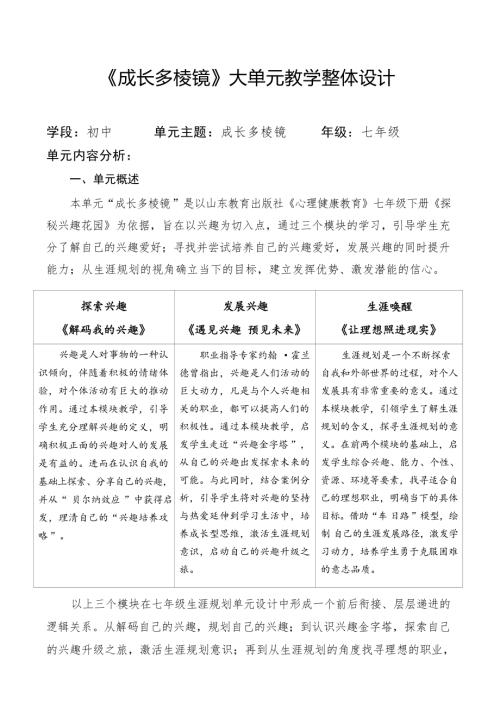 魯教版七年級下冊心理健康《成長多棱鏡》大單元教學(xué)設(shè)計(jì).docx