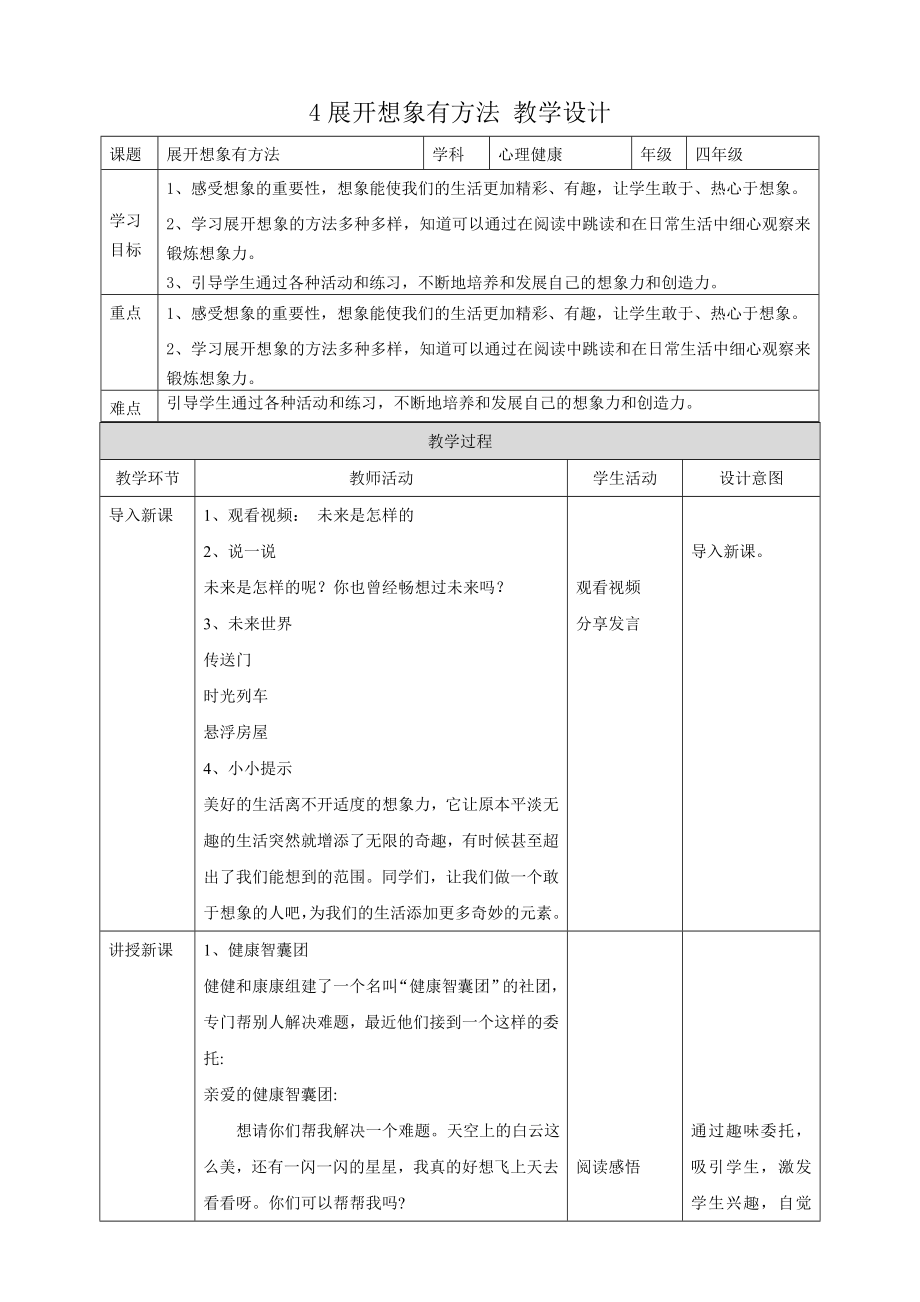 教科版四年級(jí)下冊(cè)心理健康4.《展開想象有方法》課件+教案+素材.rar