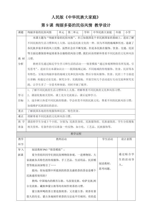 人民版小學《中華民族大家庭》第9課 絢麗多姿的民俗風情 教案.doc