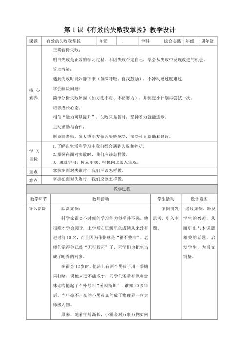 蘇少版四年級下冊綜合實踐第1課有效的失敗我掌控教案.doc