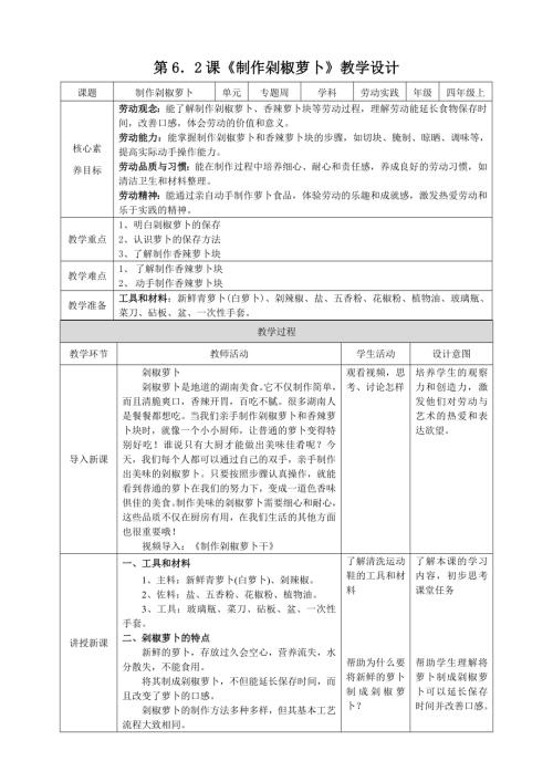 湘教版四年級上勞動實(shí)踐指導(dǎo)專題周第2課《制作剁椒蘿卜》教案.doc