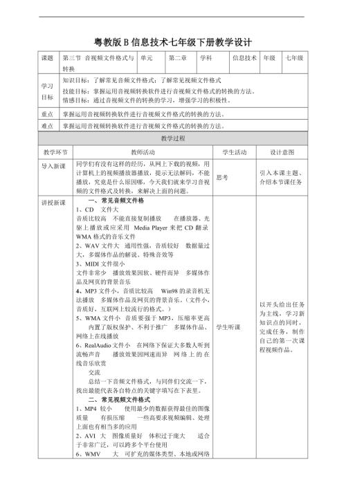 粵教B版七年級(jí)下信息技術(shù)2.2《音視頻文件格式與轉(zhuǎn)換》教學(xué)設(shè)計(jì).doc