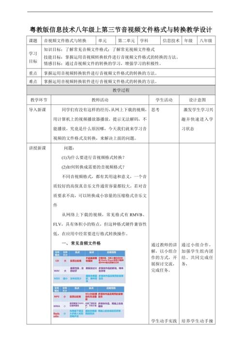 粵教B版七年級下信息技術第三節音視頻文件格式與轉換-教案.doc