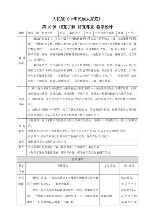 人民出版社小學《中華民族大家庭》第10課 相互了解 相互尊重 教案.doc