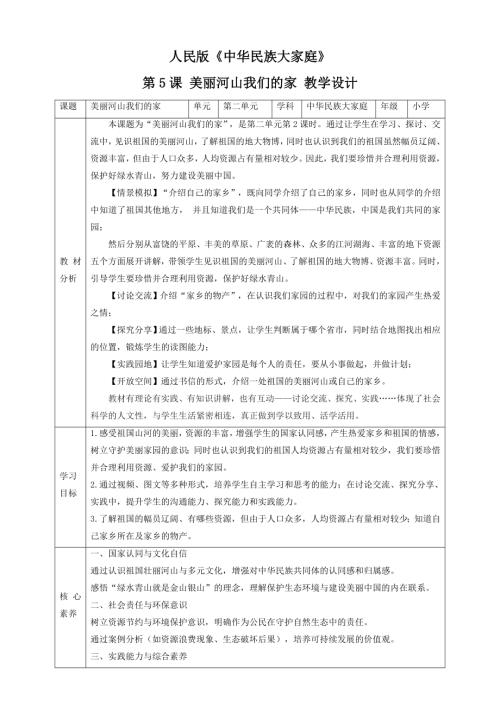 人民版中華民族大家庭第5課美麗河山我們的家教案核心素養.doc
