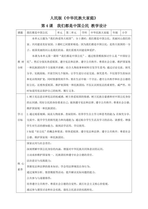 人民版《中華民族大家庭》第4課我們都是中國公民 教案 核心素養.doc
