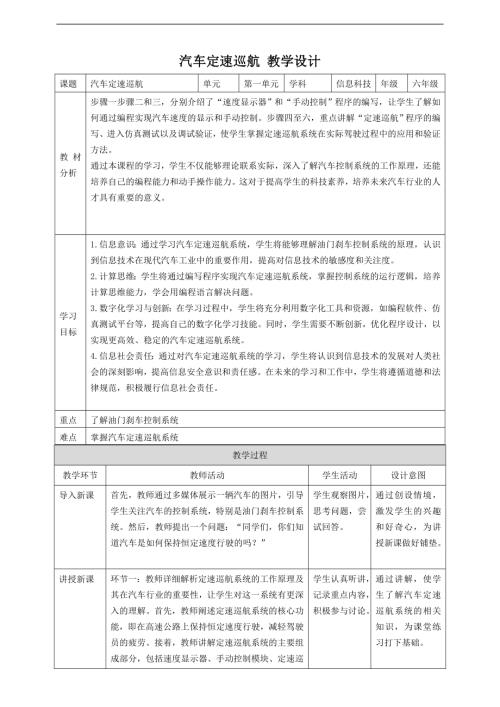 贛科版六年級下冊信息科技第5課 主題活動：汽車定速巡航 教案.doc