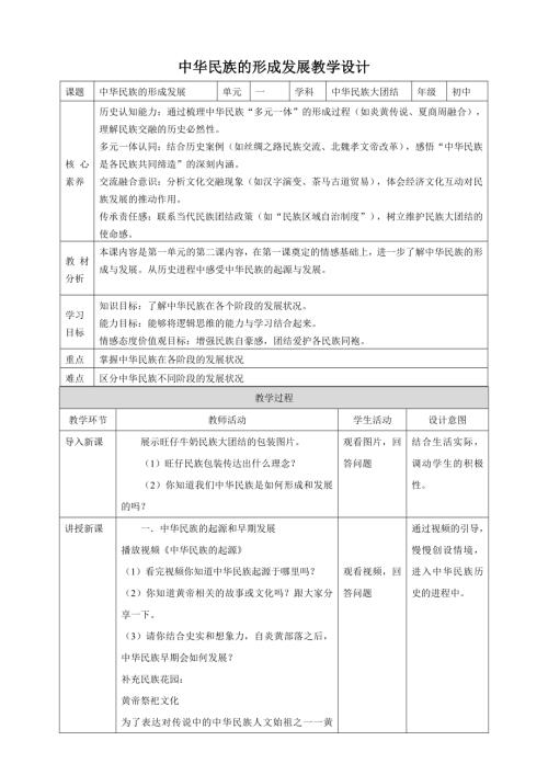 人民版初中《中華民族大團結》1.2 中華民族的形成發展 核心素養教案.doc