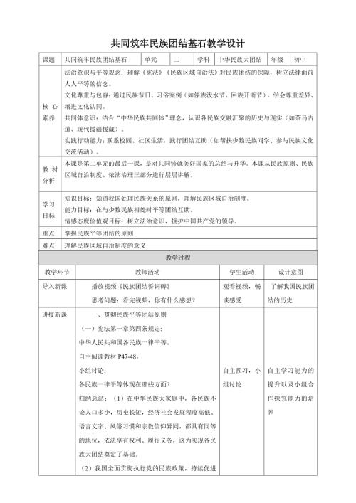 人民版初中《中華民族大團結》2.6 共同筑牢民族團結基石 核心素養教案.doc