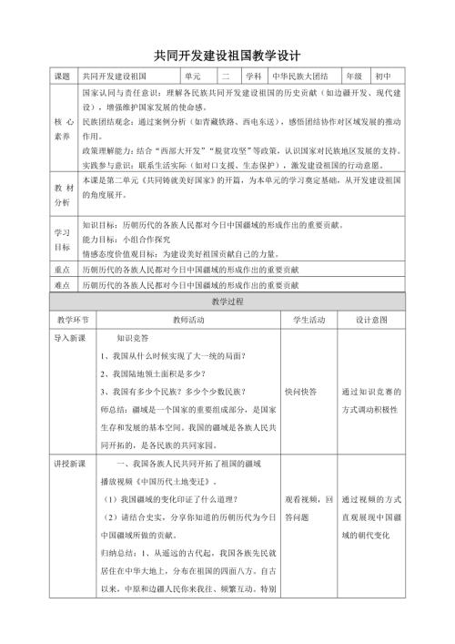 人民版初中《中華民族大團結》2.4 共同開發建設祖國 核心素養教案.doc