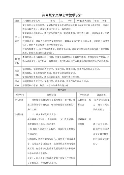 人民版初中《中華民族大團(tuán)結(jié)》3.8 共同繁榮文學(xué)藝術(shù) 核心素養(yǎng)教案.doc