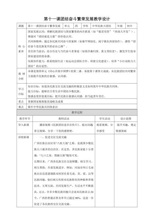 人民版初中《中華民族大團結》4.11 團結奮斗繁榮發展 核心素養教案.doc
