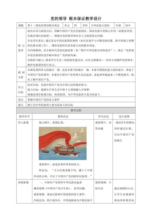 人民版初中《中華民族大團結》4.12 黨的領導 根本保證 核心素養教案.doc
