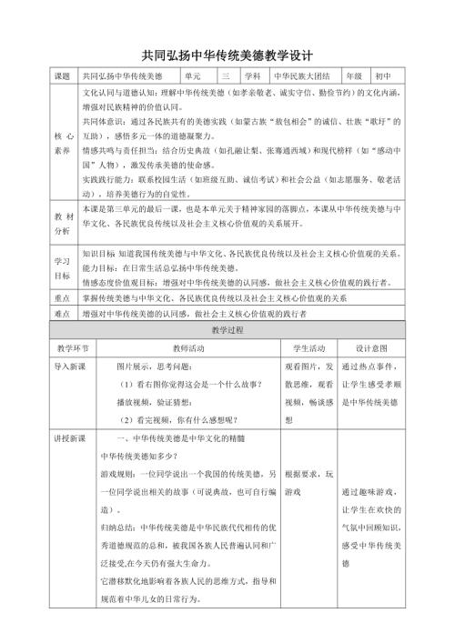 人民版初中《中華民族大團(tuán)結(jié)》3.9共同弘揚(yáng)中華傳統(tǒng)美德 核心素養(yǎng)教案.doc