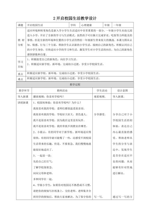 北師大版一年級(jí)上冊(cè)心理健康第2課 開(kāi)啟校園生活 教學(xué)設(shè)計(jì).doc
