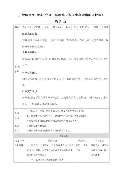 川教版三年級下生命生態安全第02課《生命健康的守護神》 教案.doc