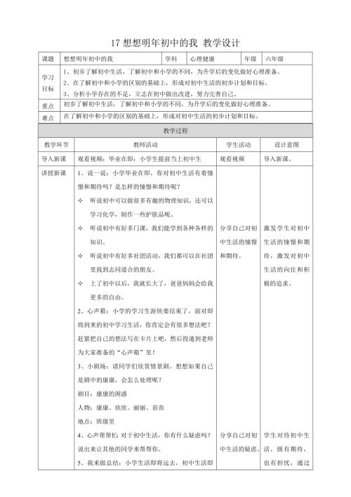 教科版六年級下冊心理健康17《想想明年初中的我》教學設計.doc