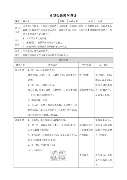 北師大版一年級上冊《心理健康》第6課 我會說 教學(xué)設(shè)計.doc
