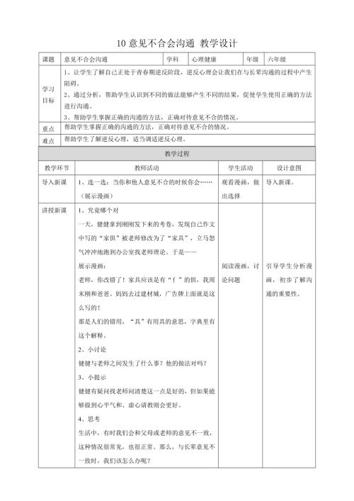 教科版六年級下冊心理健康10《意見不合會溝通》教學設計.doc