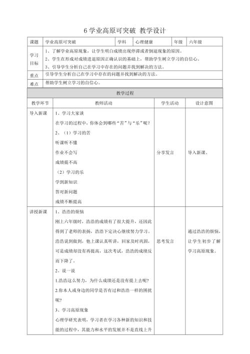 教科版六年級下冊心理健康06《學業高原可突破》教學設計.doc
