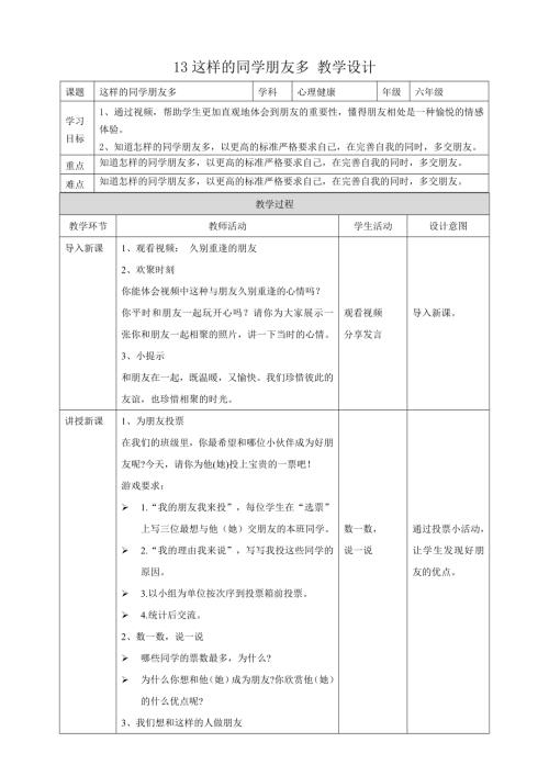 教科版六年級下冊心理健康13《這樣的同學朋友多》教學設計.doc
