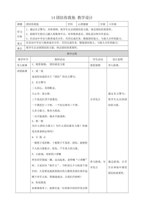 教科版六年級下冊心理健康14《團結你我他》教學設計.doc