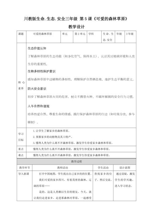 川教版三年級下生命生態安全第05課《可愛的森林草原》教案.doc