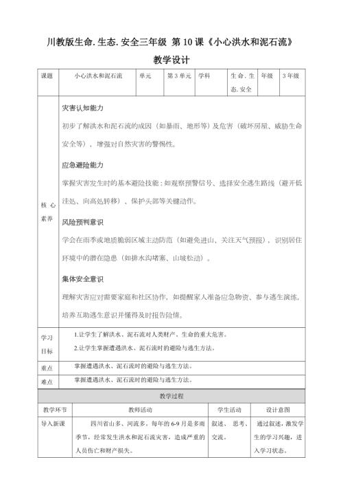 川教版三年級(jí)下生命生態(tài)安全第10課《小心洪水和泥石流》教案.doc