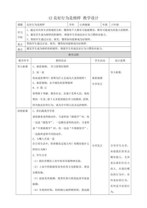 教科版六年級下冊心理健康12《良好行為是榜樣》教學設計.doc