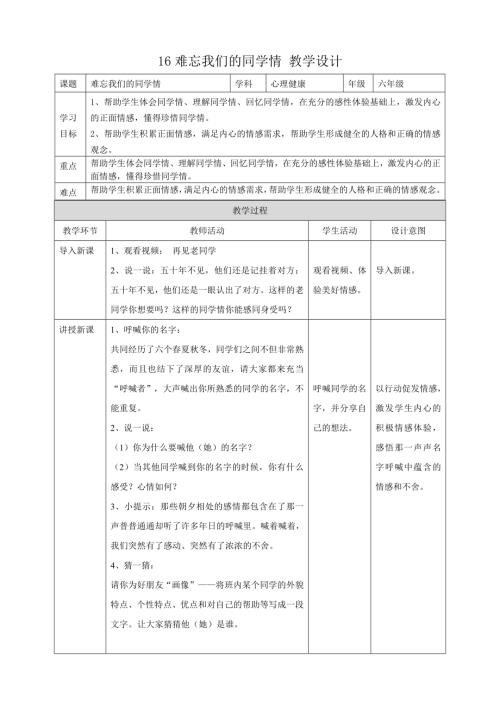 教科版六年級下冊心理健康16《難忘我們的同學情》教學設計.doc