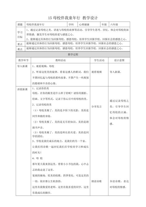 教科版六年級下冊心理健康15《母校伴我童年行》教學設計.doc