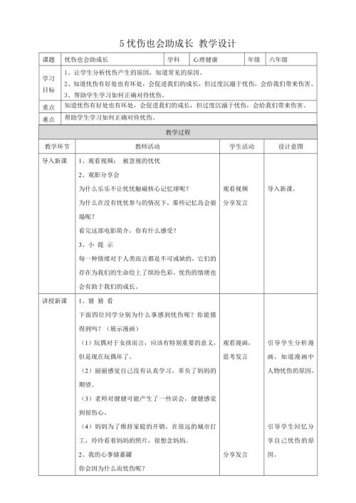 教科版六年級下冊心理健康05憂傷也會助成長教學設計.doc