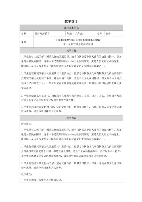 六年級國家理解教育《茶從東方禪意到英式優雅》教學設計.docx