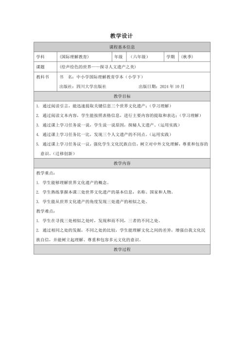 六年級國際理解教育《繪聲繪色的世界——探尋人文遺產之美》教學設計.docx