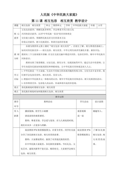人民版小學中華民族大家庭第11課《相互包容相互欣賞》核心素養教案.doc