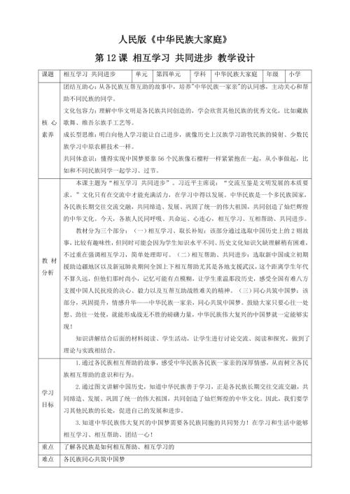 人民版小學中華民族大家庭第12課《相互學習共同進步》核心素養教案.doc