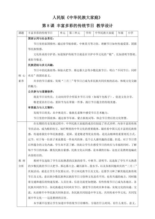 人民版《中華民族大家庭》第8課 豐富多彩的傳統(tǒng)節(jié)日 核心素養(yǎng)教案+反思.doc