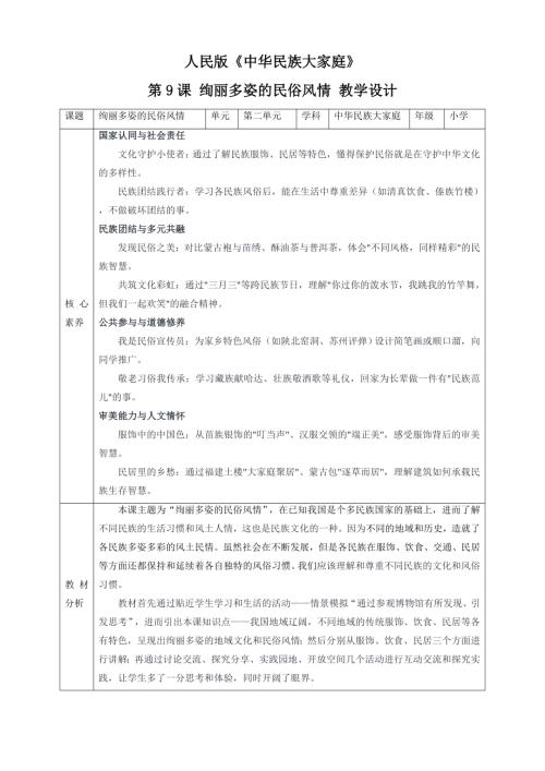 人民版《中華民族大家庭》第9課 絢麗多姿的民俗風(fēng)情 核心素養(yǎng)教案+反思.doc