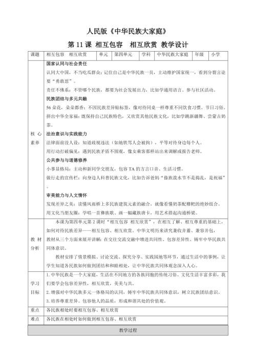 人民版《中華民族大家庭》第11課 相互包容相互欣賞 核心素養(yǎng)教案+反思.doc