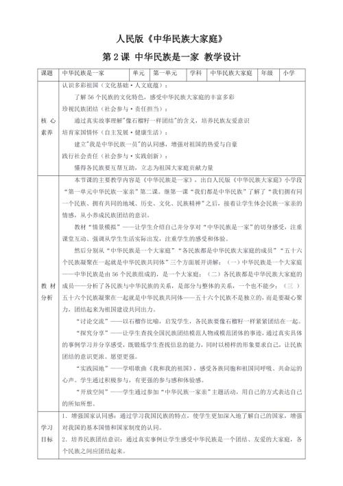 人民版《中華民族大家庭》第2課 中華民族是一家 核心素養教案+反思.doc