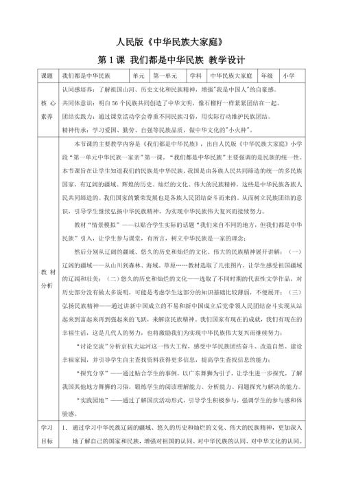 人民版《中華民族大家庭》第1課 我們都是中華民族 核心素養(yǎng)教案+反思.doc