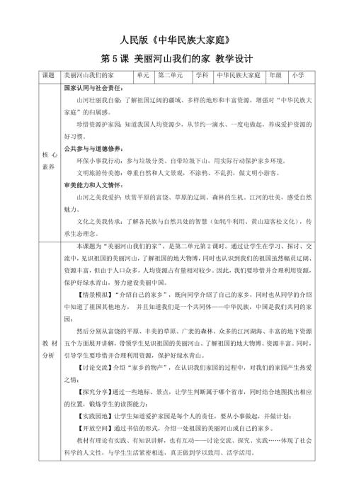 人民版《中華民族大家庭》第5課 美麗河山我們的家 核心素養(yǎng)教案+反思.doc