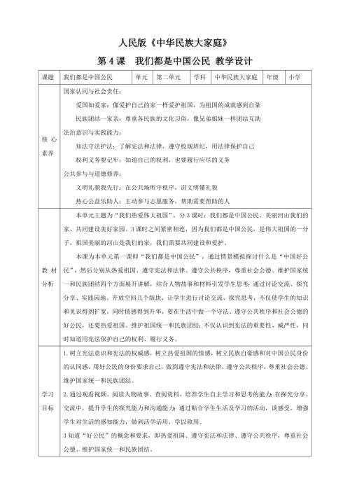 人民版《中華民族大家庭》第4課我們都是中國公民 核心素養(yǎng)教案+反思.doc
