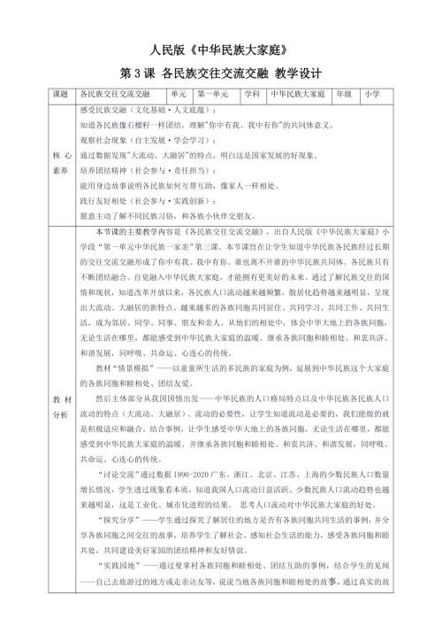 人民版《中華民族大家庭》第3課 各民族交往交流交融 核心素養(yǎng)教案+反思.doc