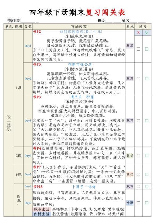 四年級下冊語文1-8單元期末復習闖關單(1).pdf
